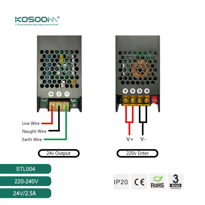 Fuente de Alimentación 60W PF0.5 IP20 24V Potente Fiable para Tiras LED - STL004-SA01-Kosoom-Fuente Alimentación LED