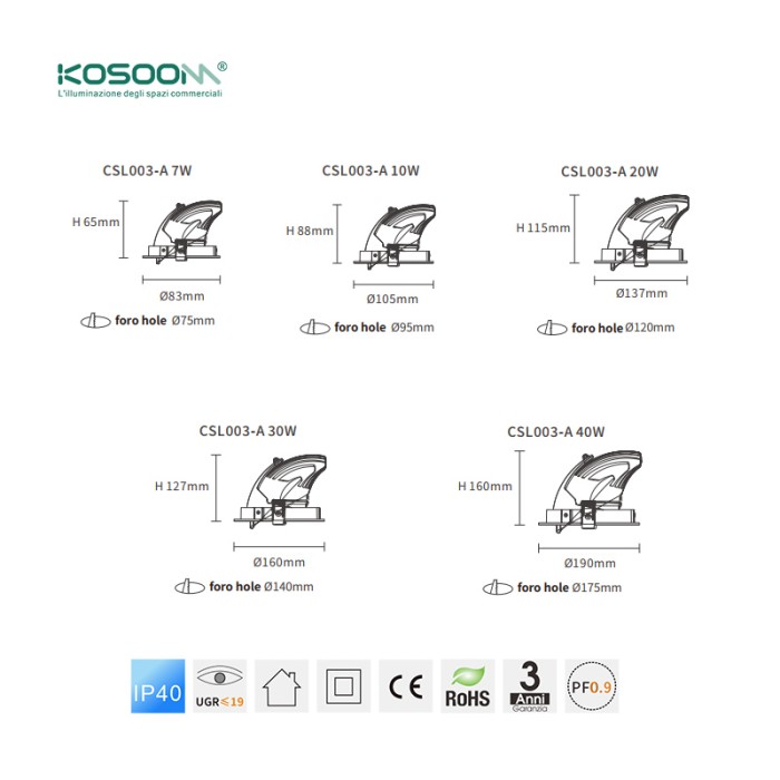 C0301 Regulable LED Downlights IP40 7W 3000K 500LM CSL003-A Kosoom-Foco LED 7W