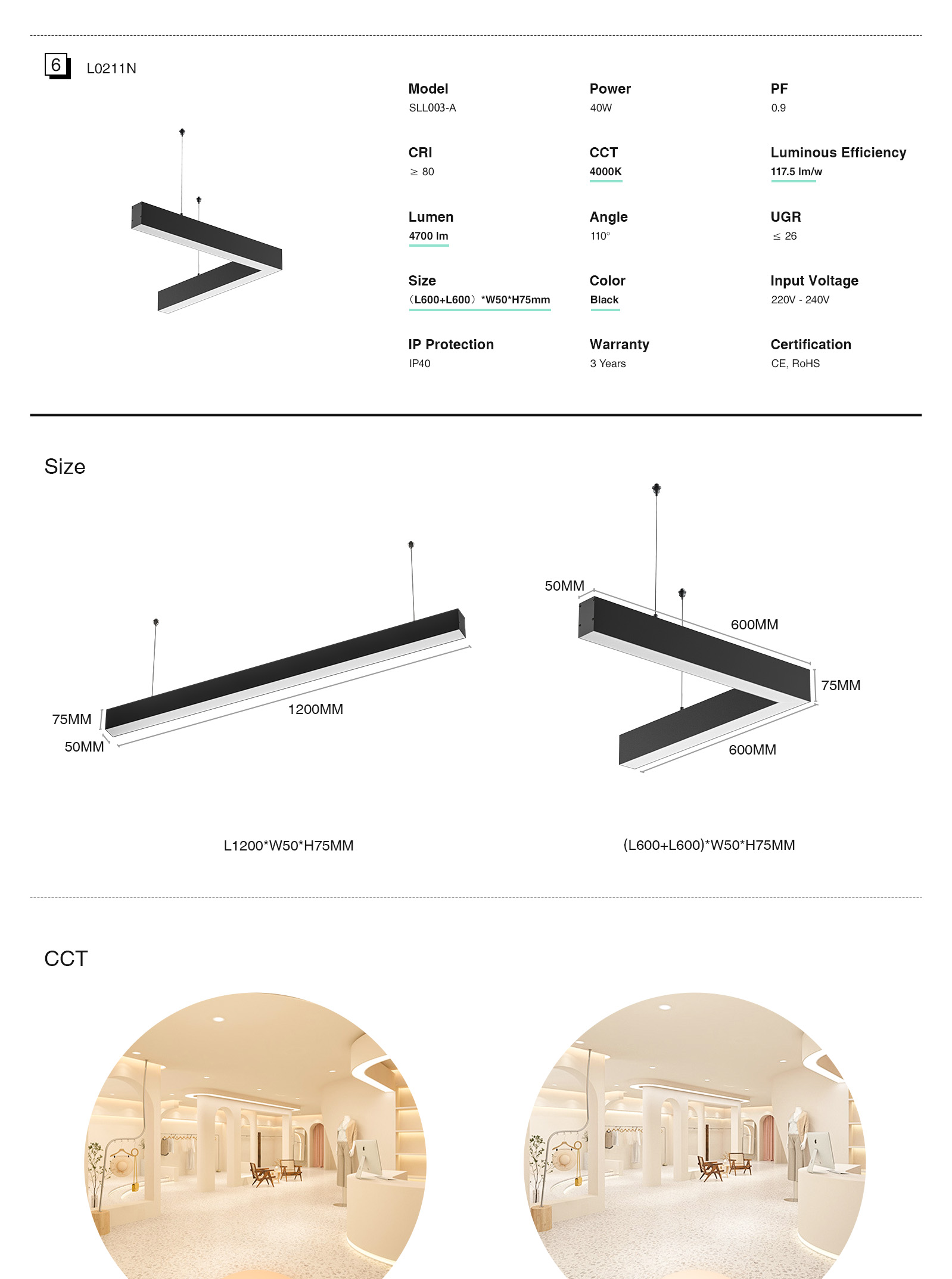 Lámpara Lineal LED de Techo Colgante Negro 40W 3000K 4300LM -KOSOOM-Lámpara Lineal LED--3