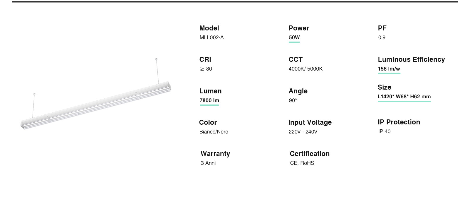 Luz Colgante Blanco Lámpara Lineal de Techo LED 50W/5000K/7800LM -KOSOOM-Lámpara Lineal LED--ML00202