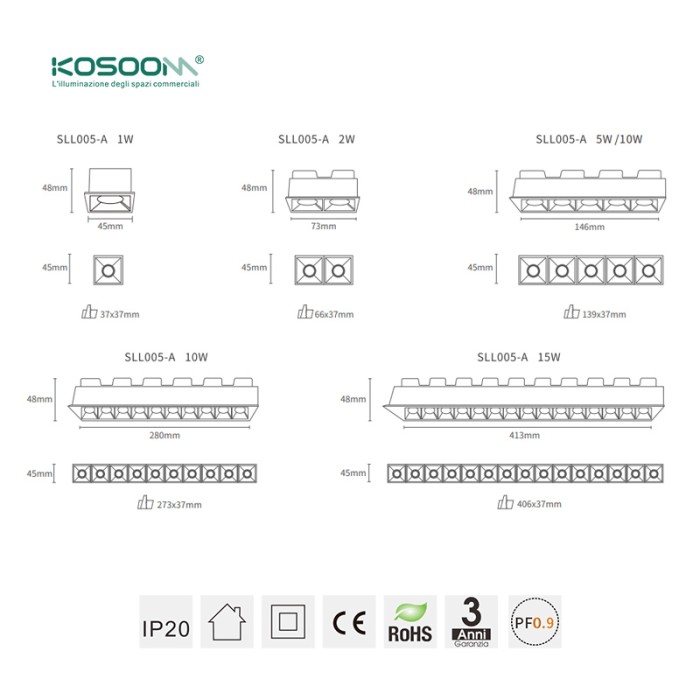 Barra Lineal LED Empotrable 5W 3000K Blanco L1101 280lm 20˚ CRI≥80 UGR≤27 SLL006-A Kosoom-Lámpara Lineal LED