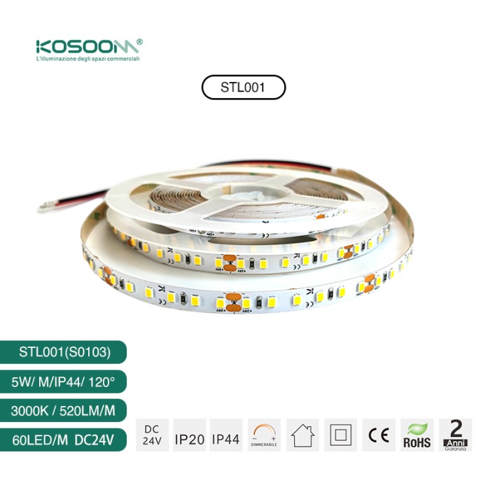Añade Elegancia a tu Entorno con Tira LED 520 lm/m 120˚ 3000K 60leds/m DC24V CRI≥80 UGR≤19 STL001-S0103 - Kosoom-Tiras LED